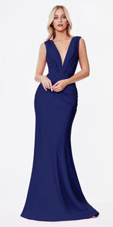 Cinderella Divine CD912 Fitted Jersey Gown Ruched Waistline Pleated Deep V-Neckline
