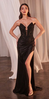 Ladivine CDS465 Long Strapless Lace Bodice Iridescent Fitted Dress