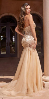 Ladivine CDS482 Long Fitted Strapless Lace and Tulle Mermaid Gown