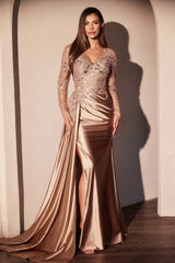 Ladivine CDS506 Dress Long Sleeve Lace & Satin Fitted Gown