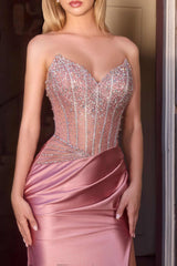 Ladivine CDS538 Dress Strapless Beaded Bodice & Satin Skirt Fitted Gown