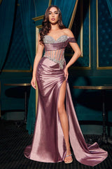 Ladivine CDS542 Off One Shoulder Fitted Gown Sweetheart Neckline Side Sash