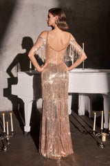 Ladivine CDS563 Off Shoulder Draped Fringe Sleeve Sequin Evening Gown