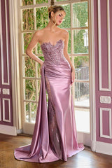 Ladivine CDS565 Sleek Satin Strapless Sweetheart Sequin Applique Gown