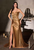 Ladivine CDS567 Strapless Sleek Satin Skirt Leg Slit Floral Beaded Gown