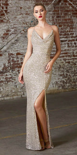 Cinderella Divine CF199 Long Slim & Sexy Gown Cowl Neckline Front Leg Slit