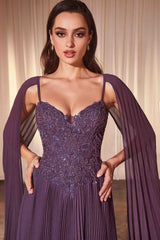Ladivine CJ937 Pleated A-Line Gown With Cape Sleeves