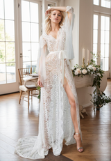 Chantilly Floral Lace Tulle Mesh Long Bridal Robe with Train