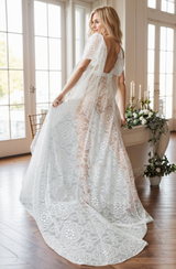 Chantilly Floral Lace Tulle Mesh Long Bridal Robe with Train