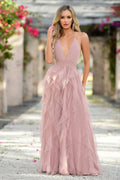 Alances V-Neck A-Line Teired Tulle Maxi Dress (Blush)