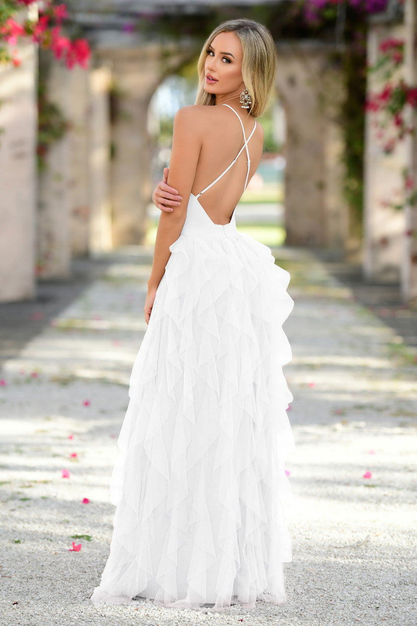 Alances V-Neck A-Line Teired Tulle Maxi Dress (White)