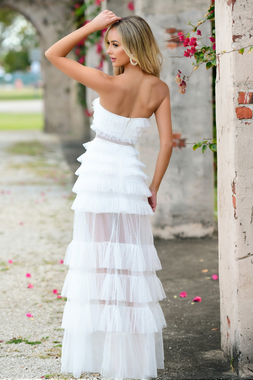 Georgia Ruffle Tulle A-Line Mesh Detail Maxi Dress (White)