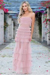 Georgia Off Shoulder A-Line Ruffled Tulle Maxi Dress (Blush) - treasures-4-u-2-day