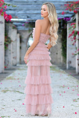 Georgia Off Shoulder A-Line Ruffled Tulle Maxi Dress (Blush) - treasures-4-u-2-day