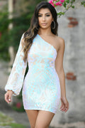 Florence One Sleeve Sequin Cocktail Party Mini Dress (White)