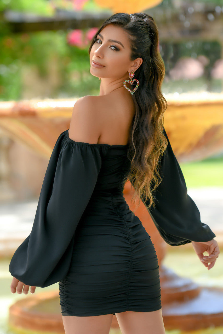 Rhea Long Puff Sleeve Cocktail Party Mini Dress (Black)