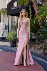 Nox Anabel D1766 Shiny Satin Prom Gown Plunging V-Neckline