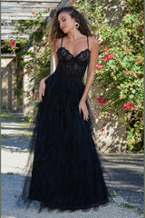 Dahlia Bralette Bodice Long Ruffle Tiered Skirt Gown (Black) - treasures-4-u-2-day