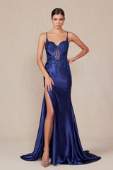 Nox Anabel E1488 Luxurious Shiny Satin Material A Sweetheart Neckline & Slit