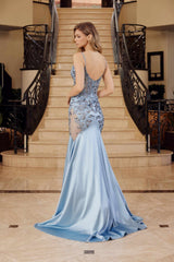 Nox Anabel E1532 Satin Sequin Applique Boned Waist Mermaid Dress