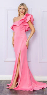 Nox Anabel E467 Long Sheath One Shoulder Ruffle Overlay Strap Gown