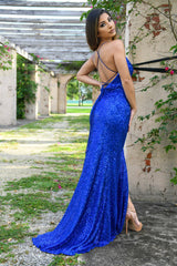 Eclipse Deep-V Lace Up Corset Sequin Gown (Royal Blue) - treasures-4-u-2-day