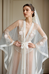 Elegant Sheer Lace Bridal Robe with Floral Embroidery and Satin Tie