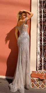 Nox Anabel F1469 Long Cold Shoulder Corset Sequin Fitted Gown