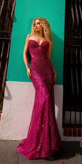 Nox Anabel F1470 Long Strapless Pointed Sweetheart Neck Sequin Gown