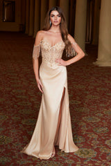 Nox Anabel F1571 Fringed Off-Shoulder Sequin Sweetheart Neckline Dress