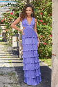Saylor Lustrous Pleated Satin Ruffle Maxi Dress (Periwinkle)