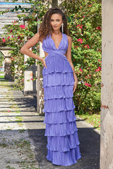 Saylor Lustrous Pleated Satin Ruffle Maxi Dress (Periwinkle) - treasures-4-u-2-day