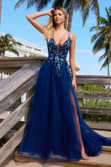Nox Anabel G1649 Lace-Up Deep V-Neck A-line Dress with Sequin Applique
