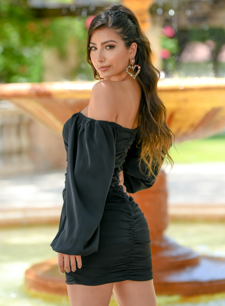 Rhea Long Puff Sleeve Cocktail Party Mini Dress (Black)
