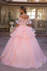 Nox Anabel H1360 Off the Shoulder 3D Floral A-Line Gown Removable Skirt