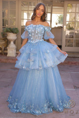 Nox Anabel H1360 Off the Shoulder 3D Floral A-Line Gown Removable Skirt