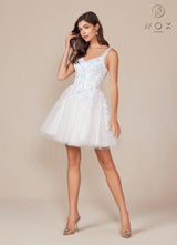 Nox Anabel H846W Short Glitter Sequin Applique White A-Line Dress