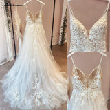 Spaghetti Straps Vintage Lace Wedding Dress With V Neckline Bride Dress Tulle Beach Bridal Gown trouwjurk  Customized