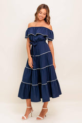 BUTTERCREAM DREAM NAVY WOVEN MIDI DRESS