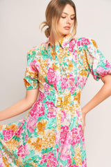 BLOOMING GARDEN WOVEN MIDI DRESS