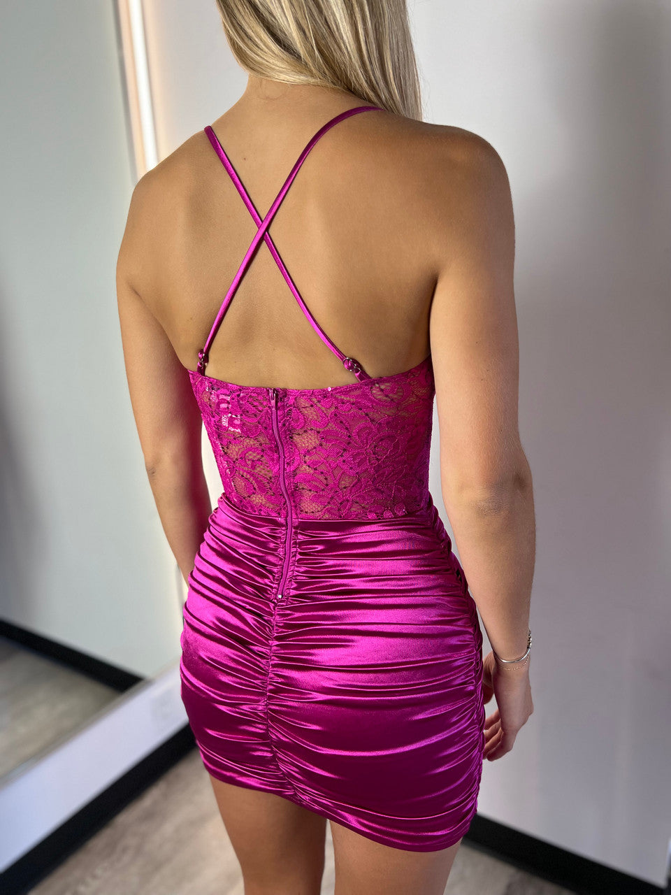 Pia Sweetheart Neck Sequin Lace Corset Mini Dress (Fuchsia)