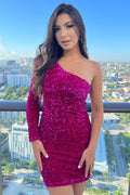 Rita One Sleeve Sequin Cocktail Party Mini Dress (Fuchsia)