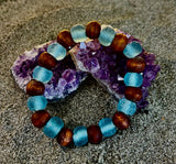 Ocean Drift Recycled Sea Glass Bracelet – Blue Coastal Wood Bead Stretch Bracelet 🌊