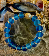 Moonlit Tide Bracelet - Recycled Glass & Freshwater Pearl Stretch Bracelet