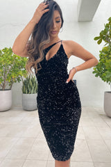 Venice Black One Shoulder Allover Sequin Midi Dress (Black) - treasures-4-u-2-day