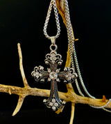The Material Girl - Vintage Crystal Cross Pendant Necklace – Ornate Silver Tone - treasures-4-u-2-day