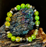 Green Agate & Black Onyx Stretch Bracelet — Handmade Natural Stone Bracelet with Silver Spacers for Large to XL Wrists (7.5"–8.5")