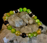 Green Agate & Black Onyx Stretch Bracelet — Handmade Natural Stone Bracelet with Silver Spacers for Large to XL Wrists (7.5"–8.5")