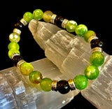 Green Agate & Black Onyx Stretch Bracelet — Handmade Natural Stone Bracelet with Silver Spacers for Large to XL Wrists (7.5"–8.5")