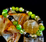 Green Agate & Black Onyx Stretch Bracelet — Handmade Natural Stone Bracelet with Silver Spacers for Large to XL Wrists (7.5"–8.5")